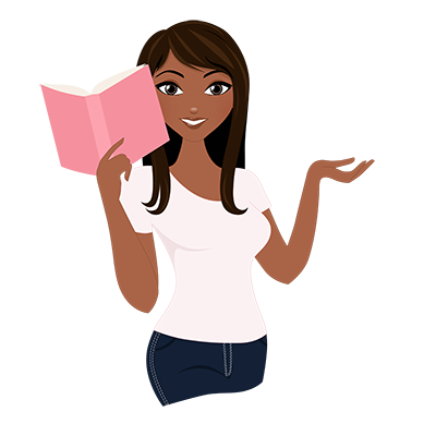 Graphic of cartoon woman holding a pink book.